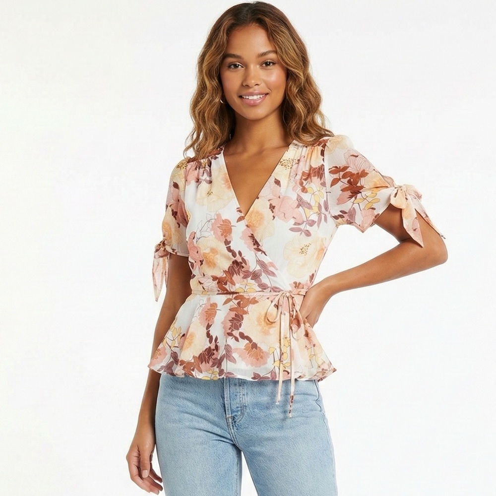 Blue Rain Floral Wrap Top - Pink and Cream